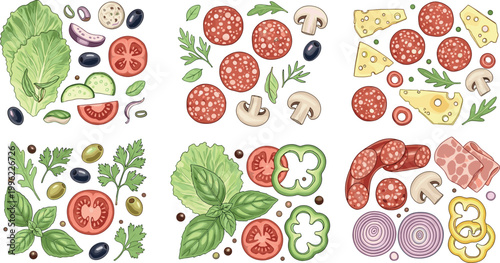 Pizza ingredients and fresh vegetables vector illustration with cheese salami mushrooms and herbs isolated on white background