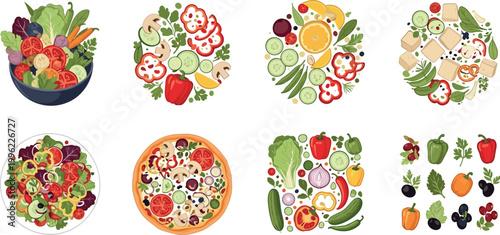 Healthy food and vegetables collection vector illustration with salad pizza and fresh ingredients isolated on white background