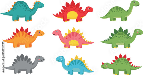Cute dinosaur cartoon collection vector illustration with colorful prehistoric animals in different poses isolated on white background