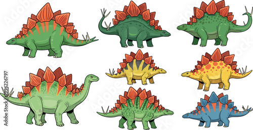 Stegosaurus dinosaur collection vector illustration with different colorful prehistoric reptiles isolated on white background for kids design
