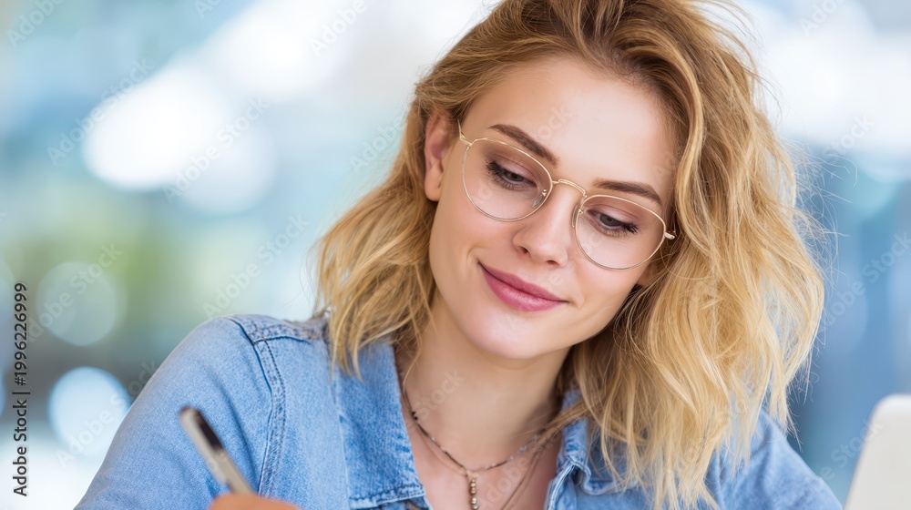 Obraz premium Woman in glasses writes on paper female records thoughts with pen on paper woman