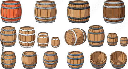 Wooden barrels collection vector illustration with different sizes rustic storage casks isolated on white background for vintage design