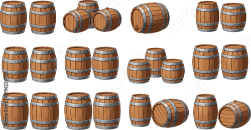 Wooden barrel set vector illustration with classic storage casks in different arrangements isolated on white background for rustic design