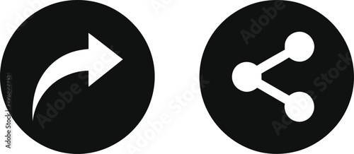 Share and Forward Icon Set with Circular Black Buttons Featuring Arrow and Connection Symbols.