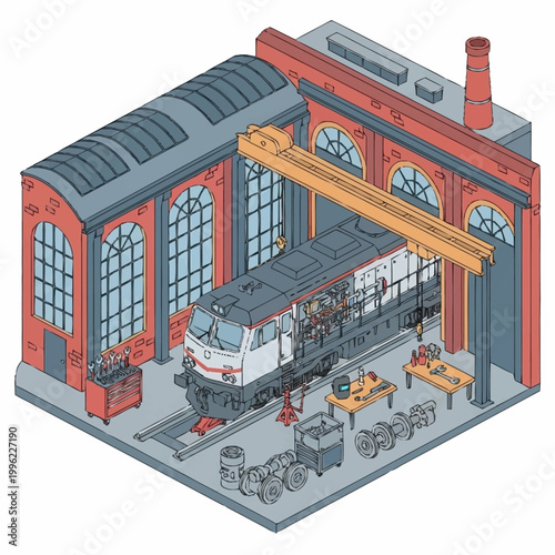 Train locomotive undergoing maintenance inside a large industrial workshop building.