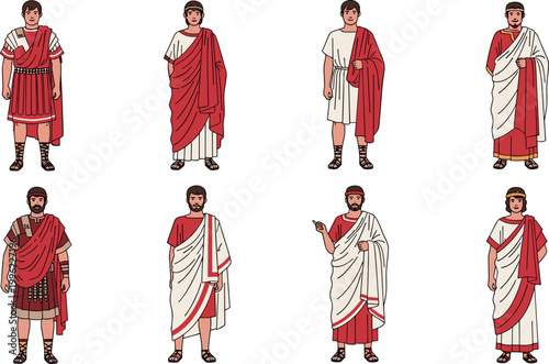 Ancient Roman clothing characters vector illustration with men in traditional toga and tunic outfits isolated on white background