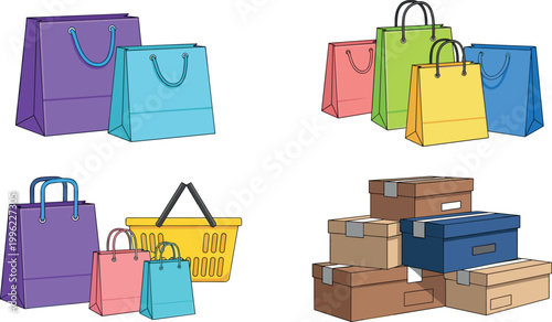 Shopping bags and boxes vector illustration set with colorful retail packages and delivery cartons isolated on white background