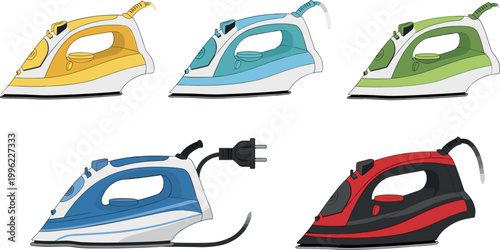 Electric iron appliance collection vector illustration with household steam irons in different colors isolated on white background