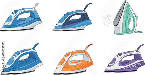 Steam iron collection vector illustration with different household electric irons for laundry isolated on white background