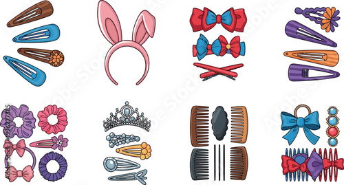 Hair accessories set vector illustration with headband clips bows combs and tiara decorative elements isolated on white background