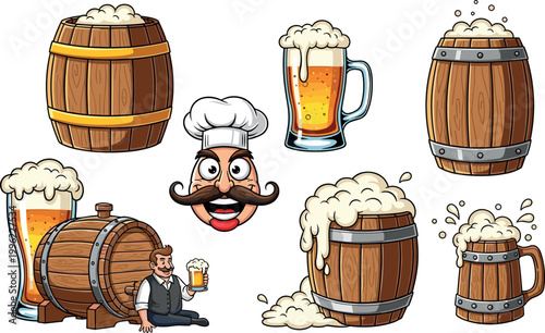 Beer barrels and mugs collection with brewer character and foamy drinks isolated on light background brewery vector illustration set