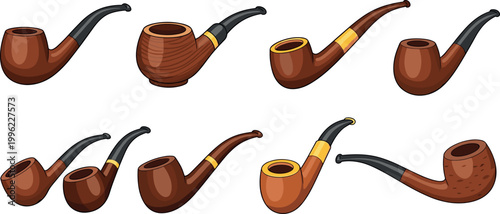 Wooden smoking pipes collection with classic tobacco pipe designs isolated on light background vintage accessory vector illustration set
