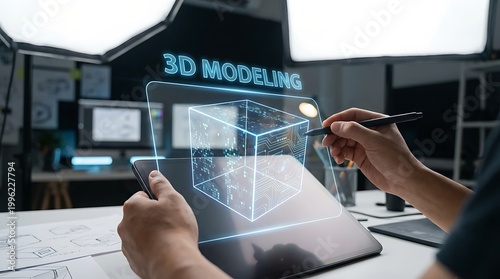 Person interacting with a holographic 3D modeling interface on a tablet with a stylus in a creative studio environment.