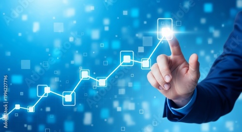 Businessman hand touching transparent holographic screen showing decision tree diagram and data graph for machine learning ai strategy planning and global business risk analysis concept