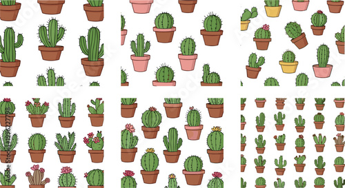 Cactus patterns collection with potted succulents and desert plants isolated on light background seamless botanical vector illustration set