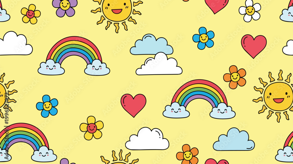 Fototapeta premium Cute kawaii rainbow clouds and suns seamless pattern on yellow background with seamless background illustration scrapbook decoration childish colorful creativity imagination seasonal