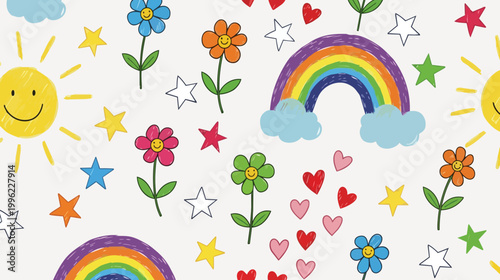 Seamless pattern with cute cartoon rainbow sun stars flowers hand drawn seamless illustration childish background decoration scrapbook minimalist colorful wallpaper greeting invitation