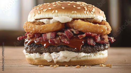 Towering Double Bacon Burger with Crispy Onion Rings and Savory Sauce, Delicious Fast Food