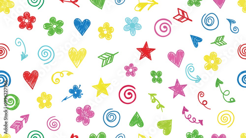 Colorful scribbled doodle patterns of hearts flowers stars swirls with hand drawn scribble colorful illustration childlike scrapbook background seamless creative movement template abstract