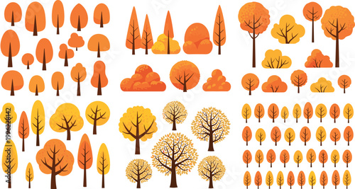 Autumn trees and forest elements collection with orange yellow foliage isolated on light background seasonal nature vector illustration set