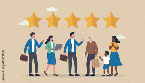  Customer loyalty, consumer satisfaction giving 5 stars rating feedback, best user experience trust too use service again concept, various customer people giving 5 stars review for quality service