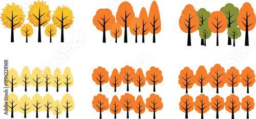 Autumn trees collection with yellow orange and green foliage isolated on light background seasonal nature vector illustration set