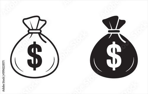 Money bag icons in outline and silhouette styles with dollar sign symbol for wealth and investment.