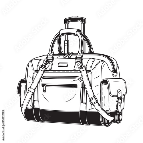 Illustrated duffel bag with multiple pockets, handles, and straps designed for travel and everyday use.