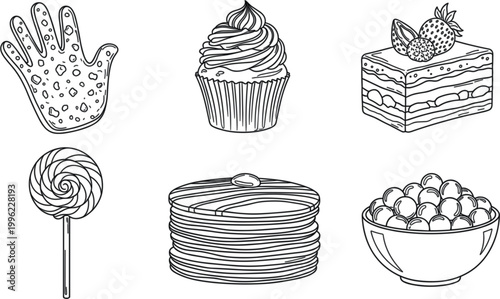 Hand drawn dessert set with cupcake cake candy pancakes berries sweet food outline sketch vector illustration collection