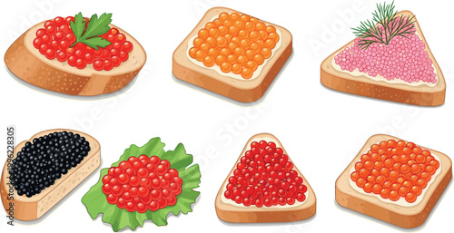 Caviar sandwiches collection with red black and pink fish roe on bread isolated on light background gourmet food vector illustration set