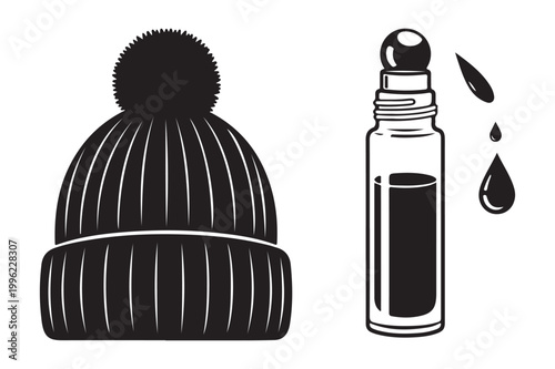 Winter beanie hat and essential oil roller bottle with drops headwear cosmetic