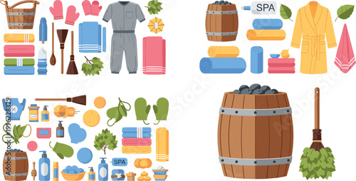 Sauna and spa accessories set with towels buckets cosmetics and wellness items isolated on light background relaxation vector illustration collection