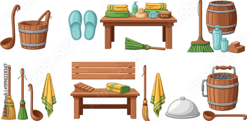 Spa and sauna accessories collection with wooden buckets towels and wellness items isolated on light background relaxation vector illustration set