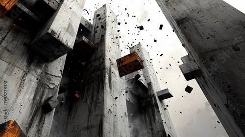 Brutalist Deconstruction A LowAngle View of Exploding Concrete Towers and Debris.
