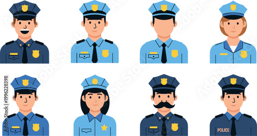Police officers avatars collection with male and female characters in uniform isolated on light background law enforcement vector illustration set