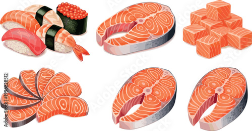 Fresh salmon cuts and sushi collection with fillets steaks cubes and rolls isolated on light background seafood vector illustration set