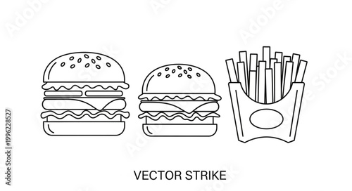 Vector illustration of two cheeseburgers and french fries.