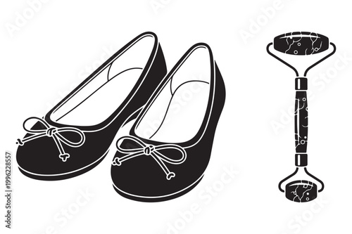 Pair of black ballet flats with bows and jade roller footwear massager
