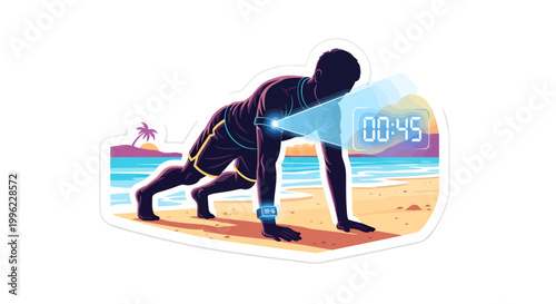 person doing yoga on beach at sunset with timer