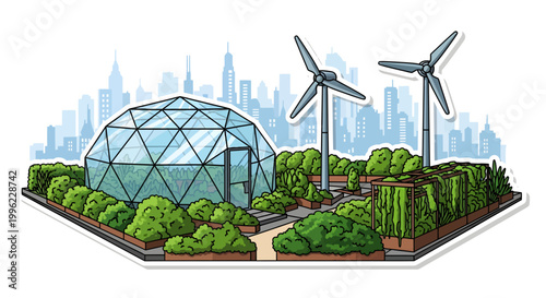 Eco friendly urban garden with wind turbines and green dome