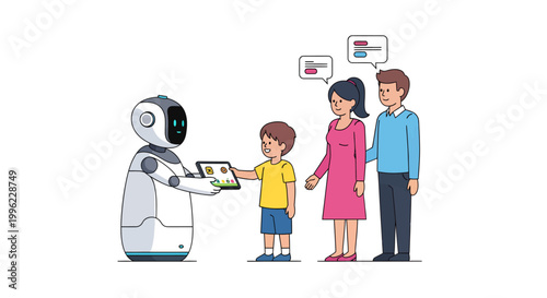 Family interacting with robot, receiving information or gift
