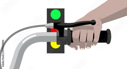 Hand on bicycle handlebar with traffic light