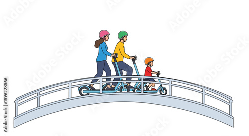Family riding bicycles on a bridge, cycling together
