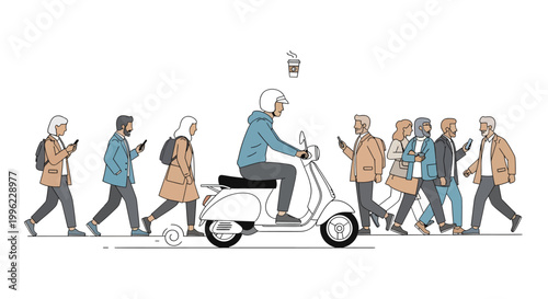 Commuters walking and riding scooter in city street