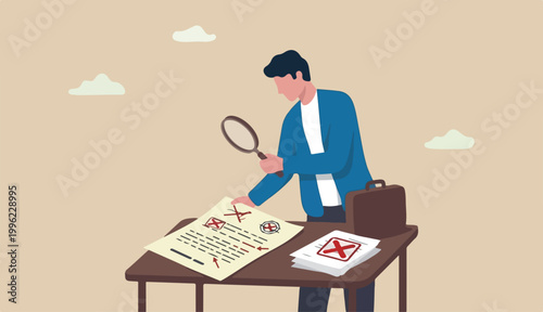 Fake document, wrong information verification fake news inspection, fraud illegal reports concept, smart businessman inspector magnifying glass verify fake document