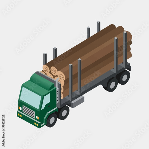 Green logging truck carrying large wooden logs isometric view.