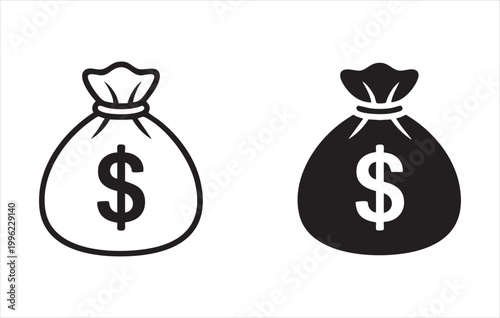 Money bag icon with dollar sign symbol, financial prosperity and wealth black glyph set isolated.