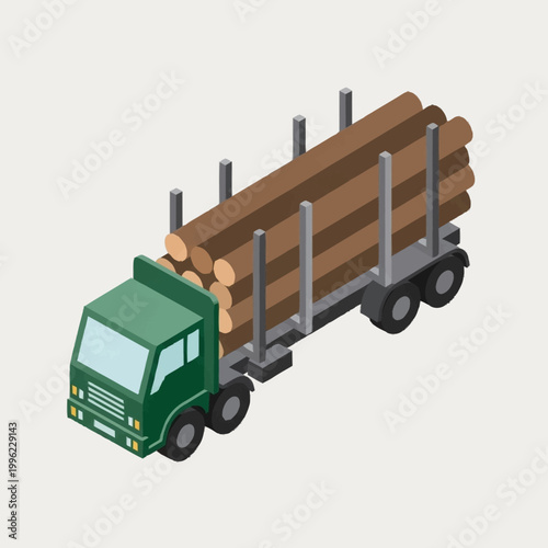 Green logging truck carrying a large load of timber logs.