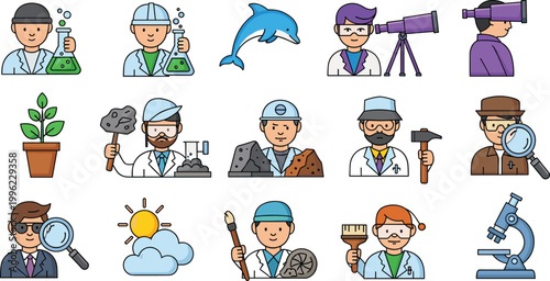 Scientific Researcher and Laboratory Professional Icon Set Featuring Chemist, Biologist, Astronomer, Geologist, Meteorologist, and Microscope for STEM Designs