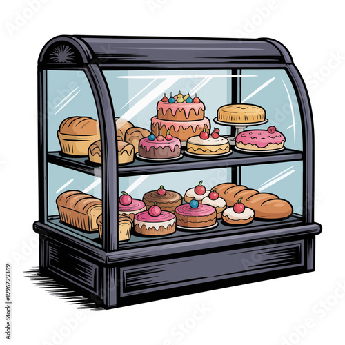 A bakery display case filled with various sweet and savory pastries